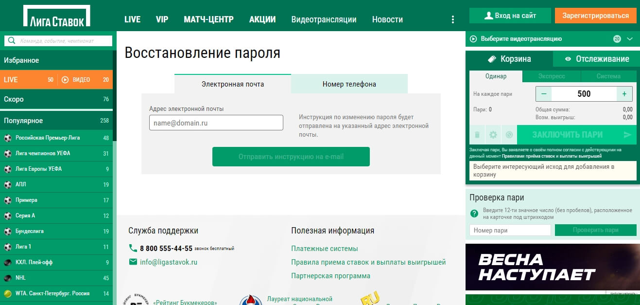 Восстановление пароля к личному кабинету сайта БК Лига Ставок