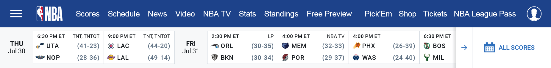 Категории сайта NBA.com
